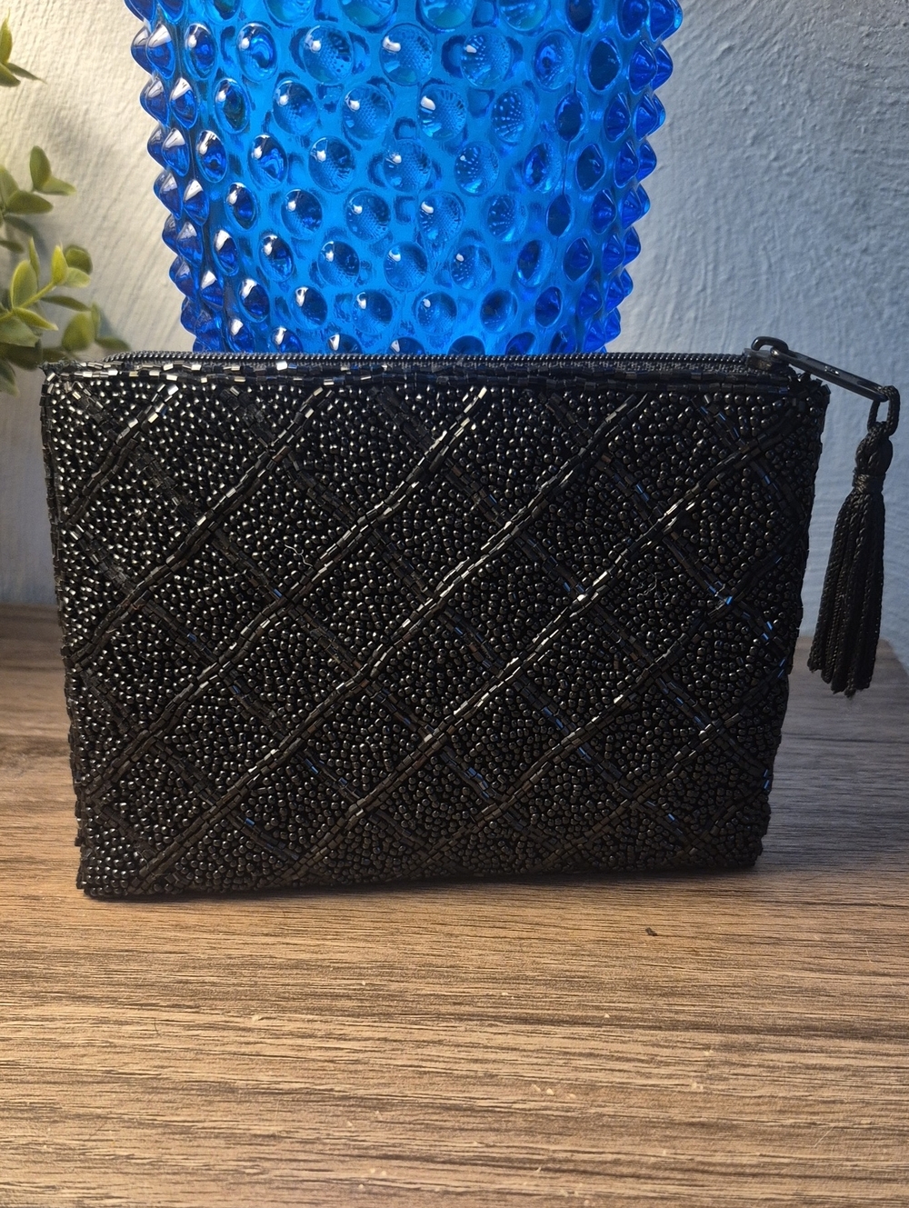 Lancome Small Evening Bag--Black Beaded Tassel Purse, Lined Vintage?